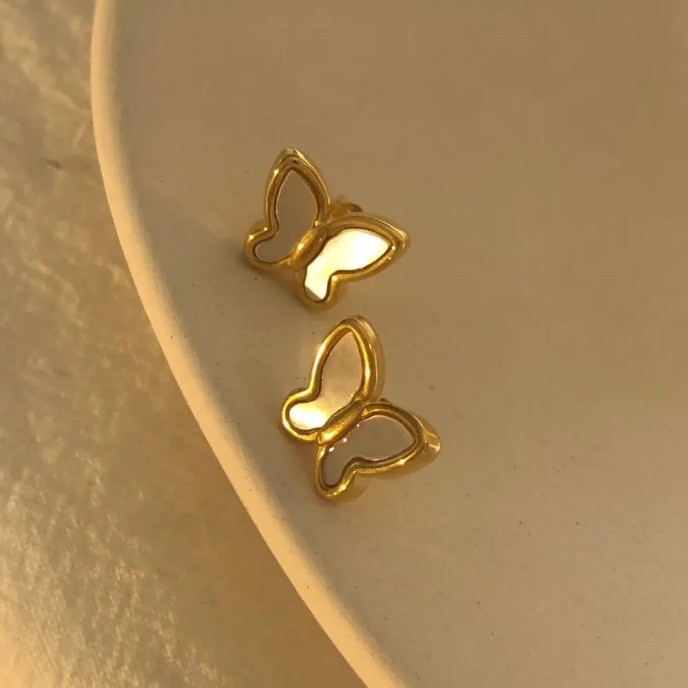 18K Gold Plated Mother of Pearl Butterfly Earrings Studs - Picture 4 of 8
